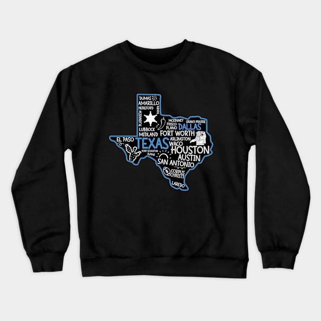 Dallas Texas cute map San Antonio Austin Fort Worth El Paso Dallas TX state Crewneck Sweatshirt by BoogieCreates